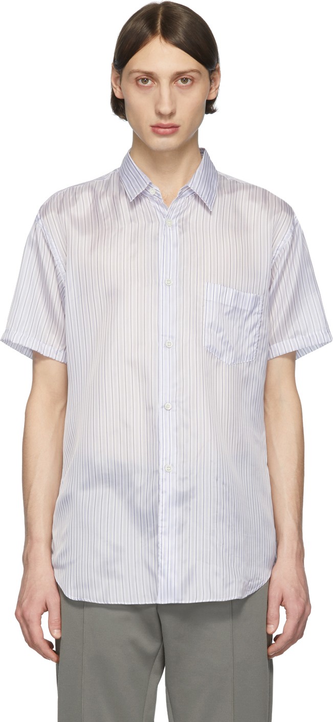 Comme Des Garcons White & Blue Striped Cupro Short Sleeve Shirt