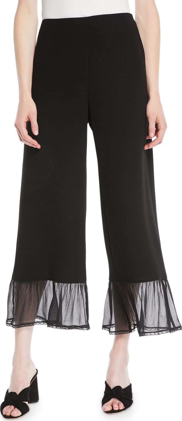 See By Chloé Wide-Leg Crepe Ankle Pants w/ Ruffle Bottom