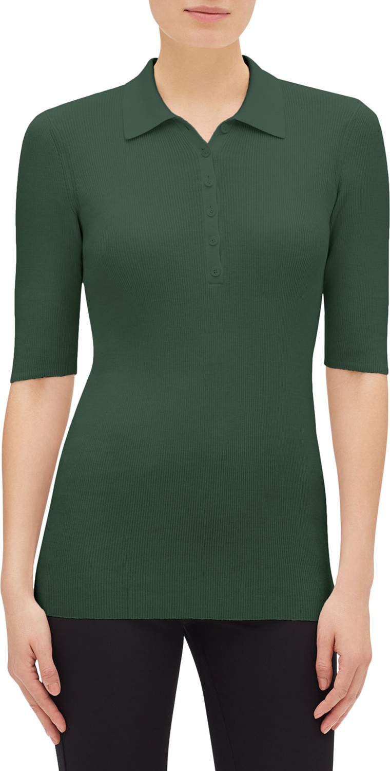 Lafayette 148 New York Ribbed Elbow-Sleeve Fitted Polo Sweater