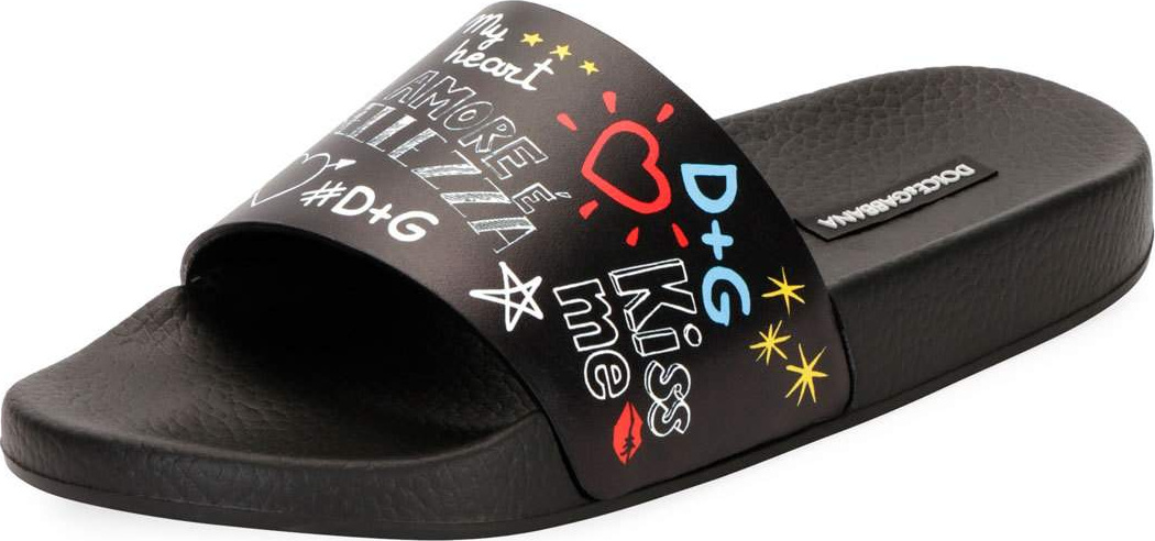 Dolce & Gabbana Graffiti-Print Leather Pool Slide Sandal