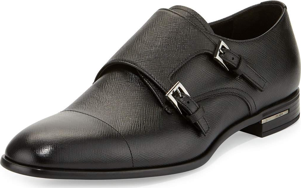 Prada Saffiano Leather Double-Monk Shoe, Black
