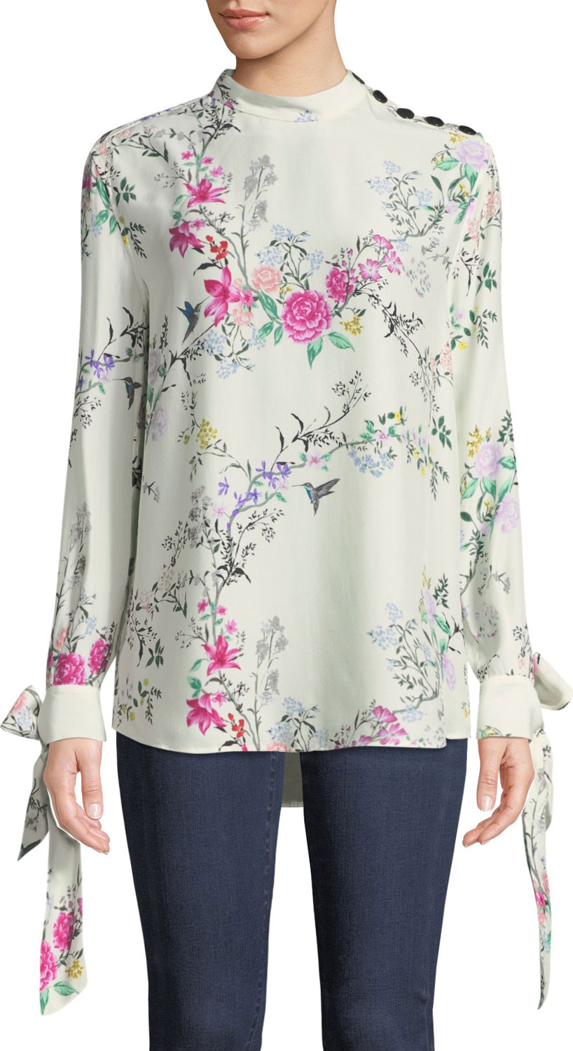 Equipment Avelaine Long-Sleeve Tie-Cuffs Floral-Print Blouse