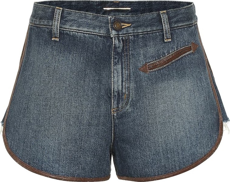 Saint Laurent Leather-trimmed denim shorts