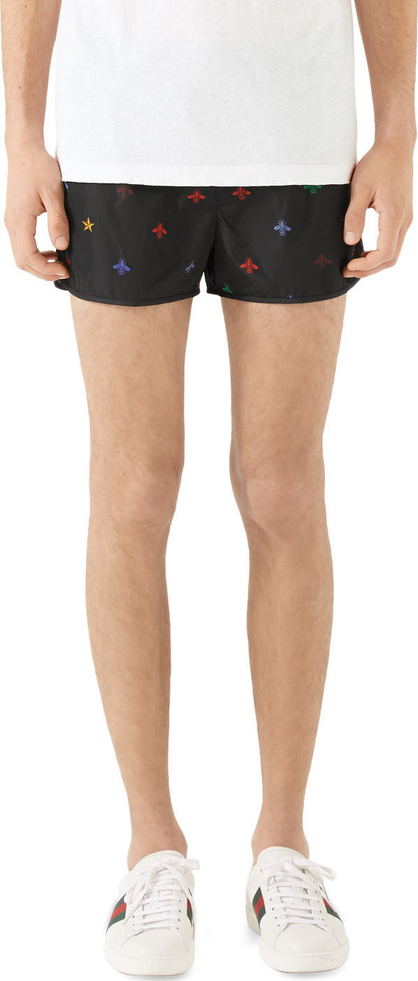 Gucci Men's Signature Bee-Embroidered Short Swim Trunks