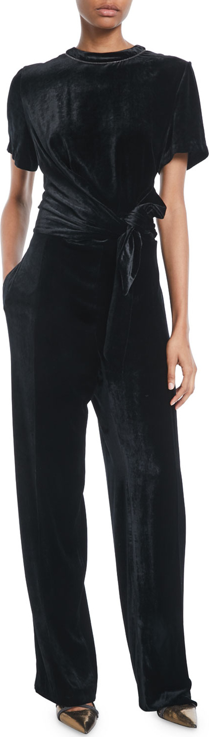 Brunello Cucinelli Crewneck Short-Sleeve Liquid-Velvet Straight-Leg Jumpsuit