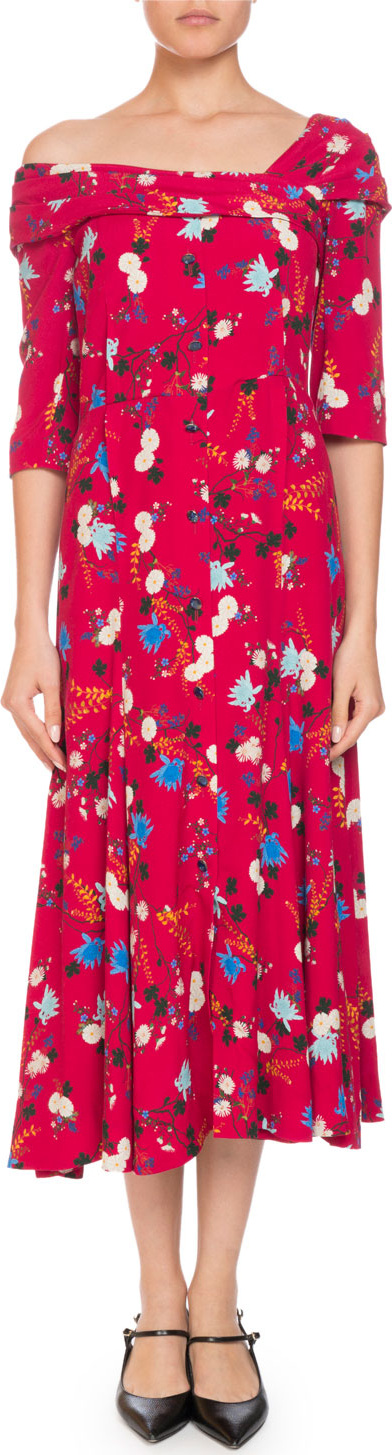 Erdem Iman One-Shoulder Half-Sleeve Garden Floral-Print A-Line Dress
