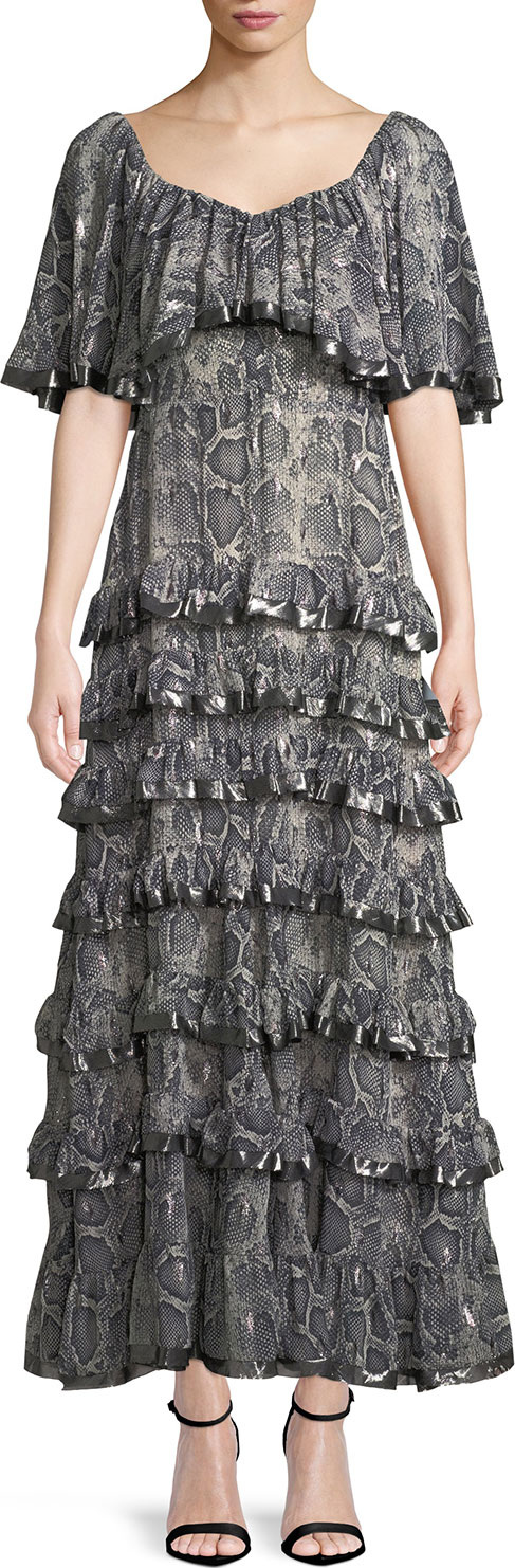 Rebecca Taylor Tiered Snake-Print Ruffle Maxi Dress