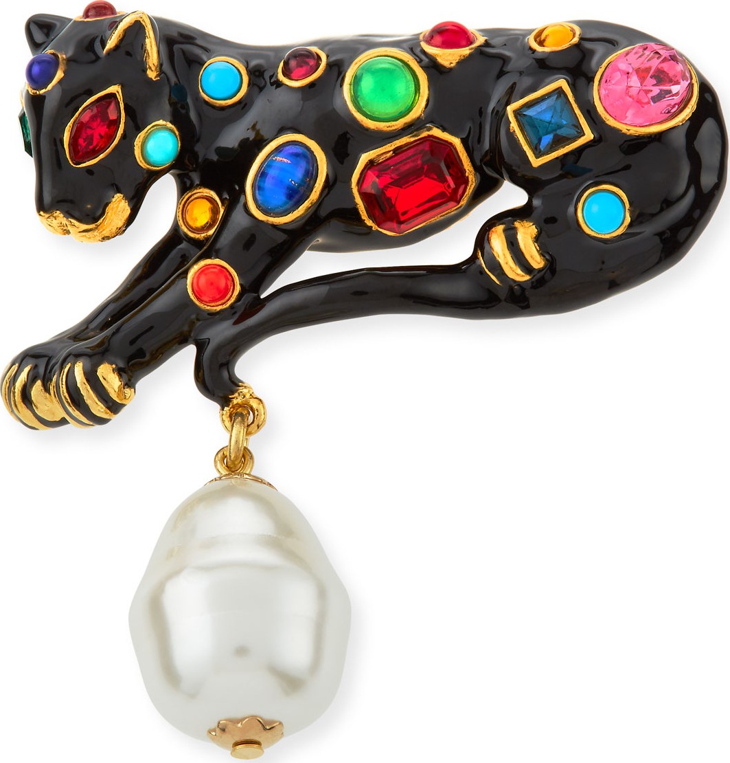 Kenneth Jay Lane Enamel Leopard Pin w/ Crystals & Pearl Dangle