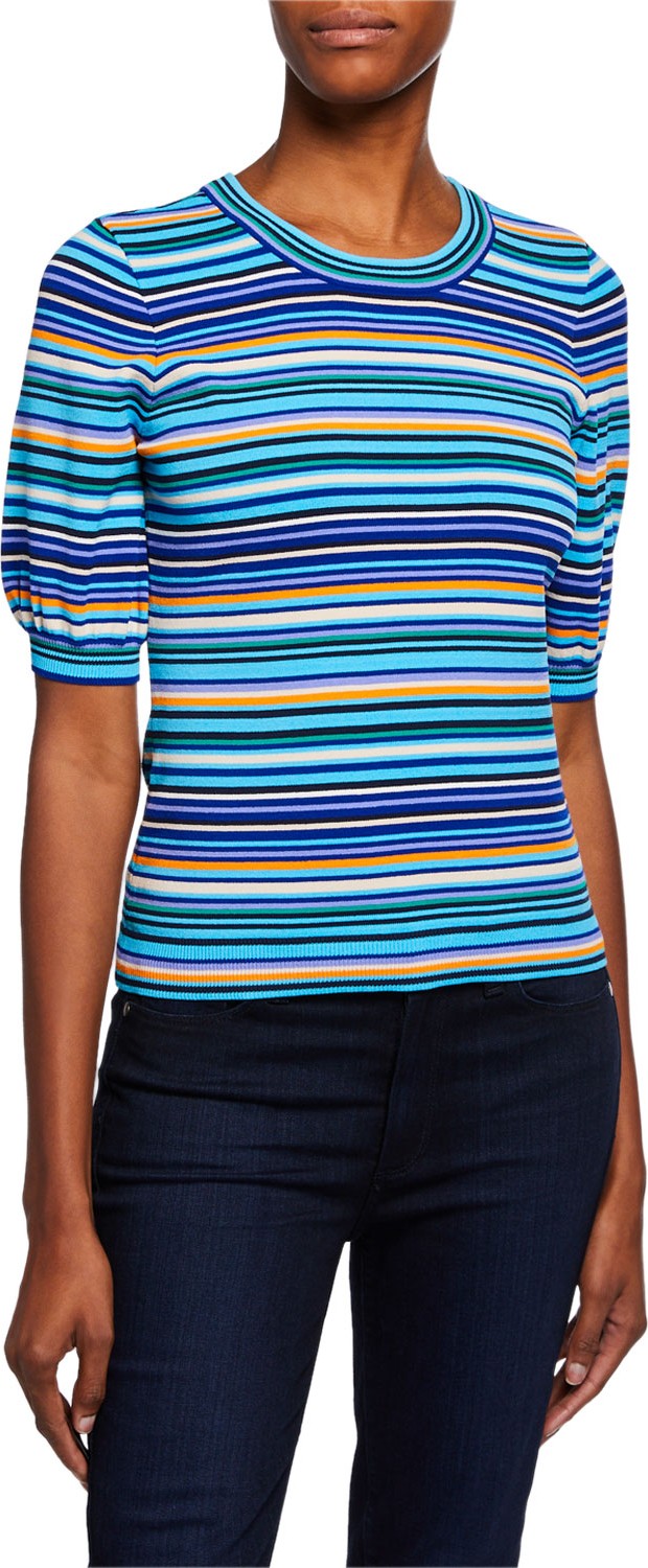 MILLY Twisted Multi-Stripe Short-Sleeve Pullover