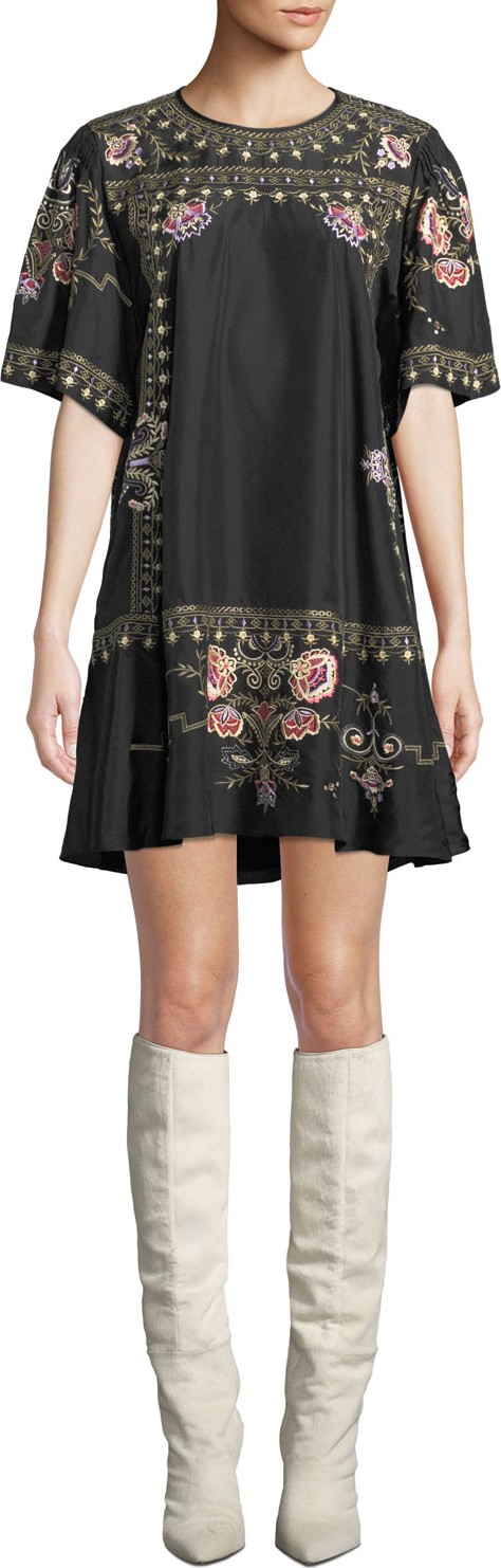 Isabel Marant Short-Sleeve Embroidered Ruffle-Hem Dress