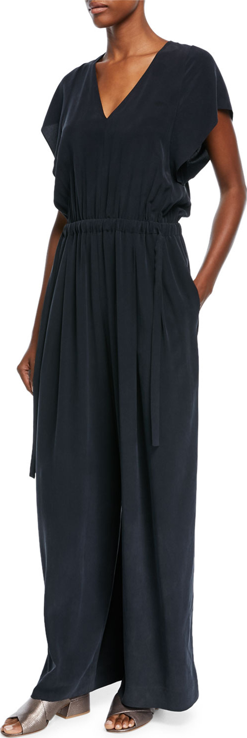 Vince Flutter Cap-Sleeve Wide-Leg Silk Jumpsuit