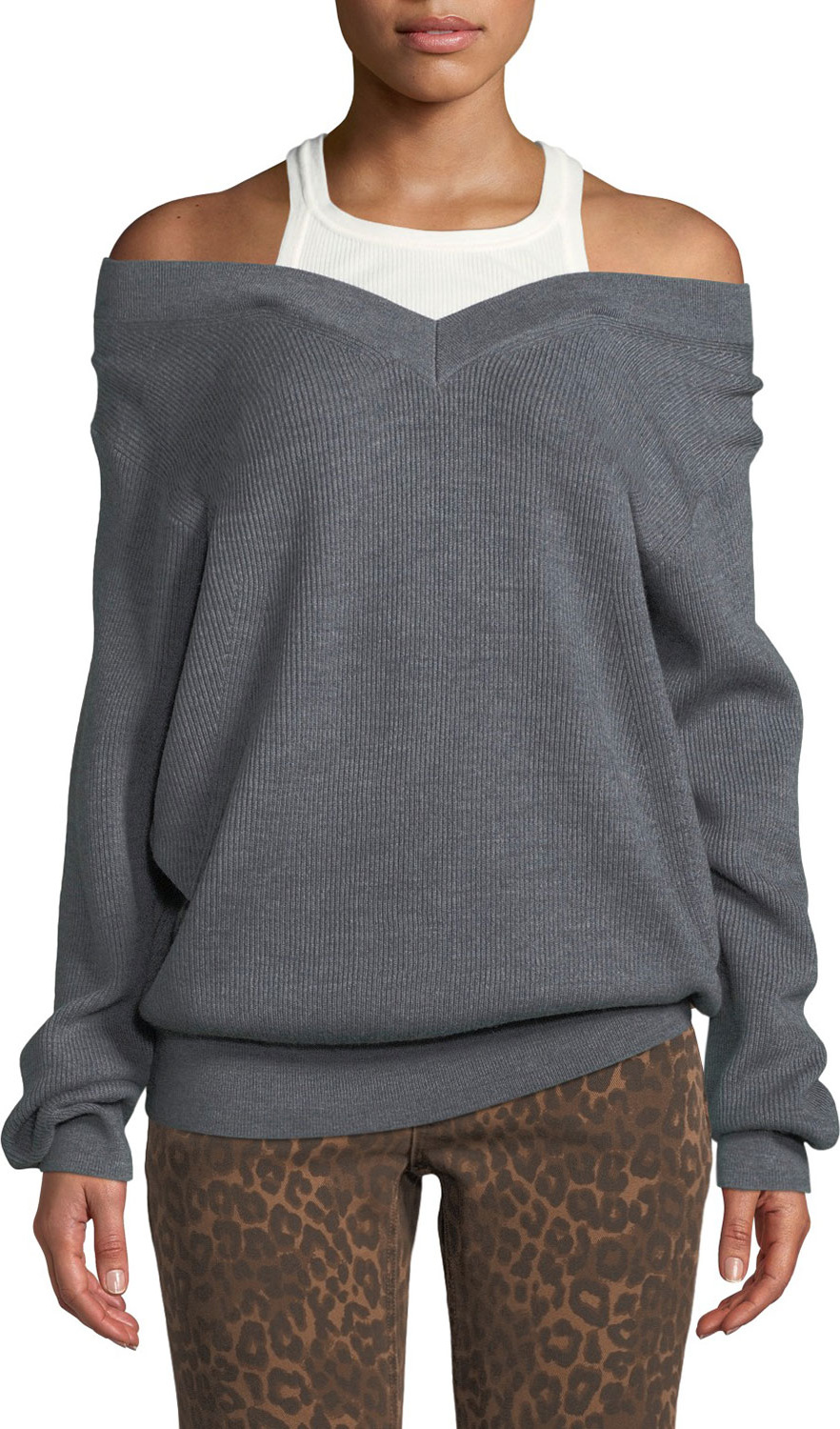 T By Alexander Wang Ribbed Off-Shoulder Wool Sweater with Tank