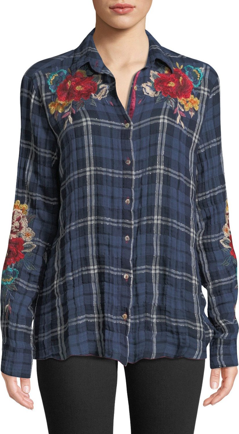 Johnny Was Vicki Waterford Plaid Shirt w/ Floral Embroidery