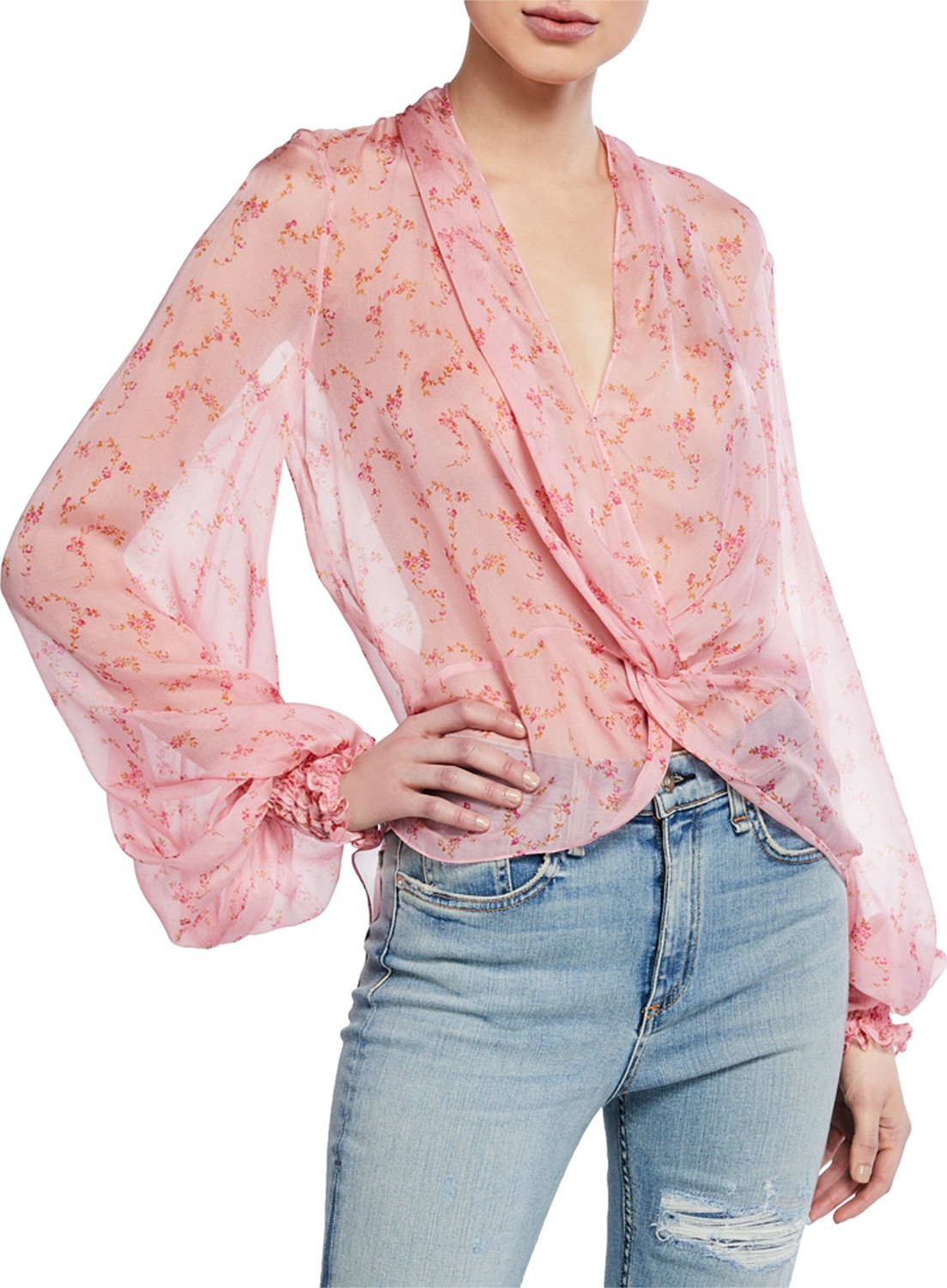 Caroline Constas Bette Twist-Front Blouson-Sleeve High-Low Blouse