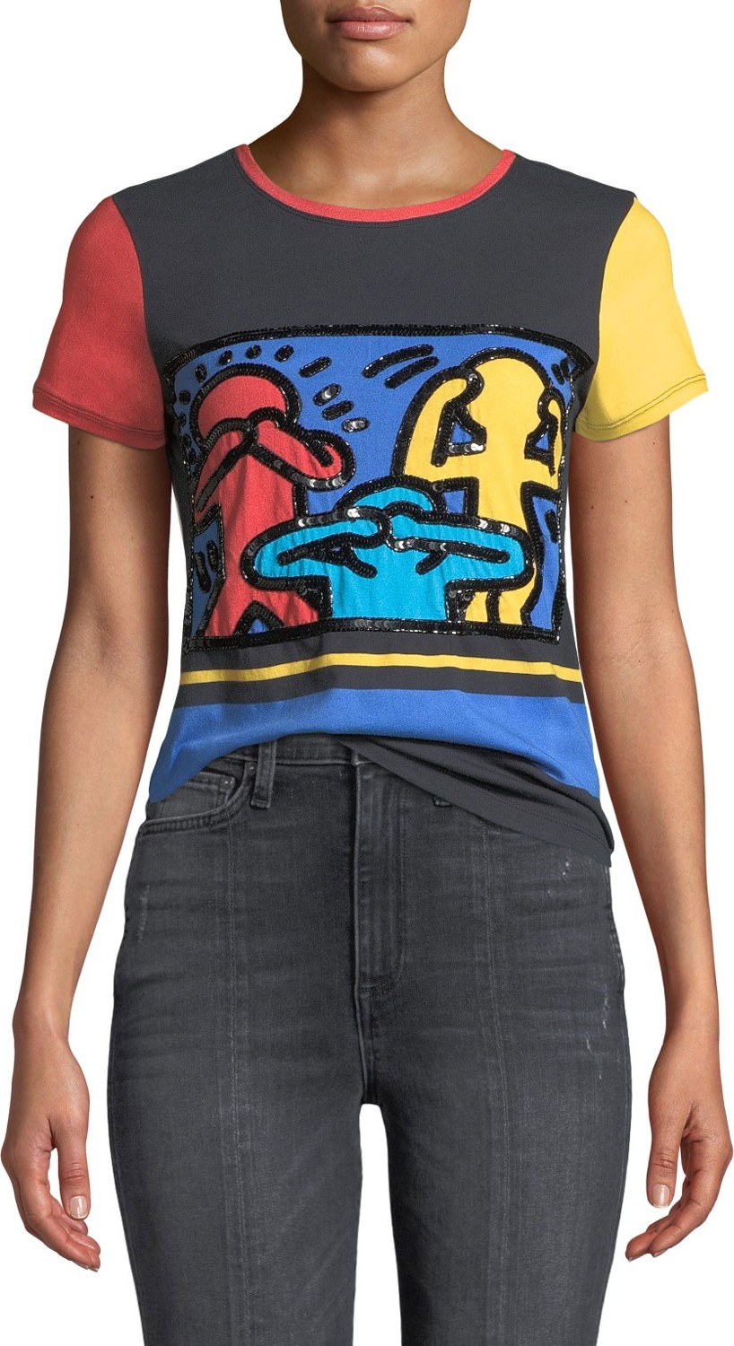 Alice + Olivia Keith Haring x Alice + Olivia Rylyn Embroidered Short-Sleeve Crewneck Tee