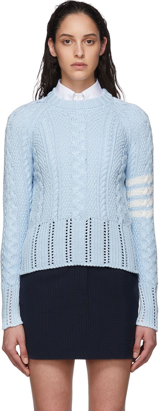 Thom Browne Blue Aran Cable 4-Bar Sweater