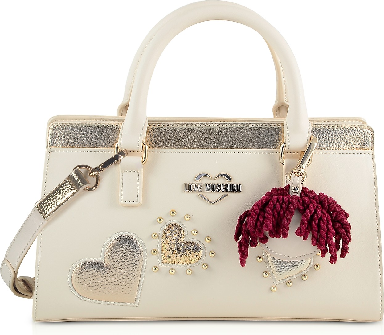 Love Moschino Ivory & Gold Eco Leather Small Tote Bag w/Charm