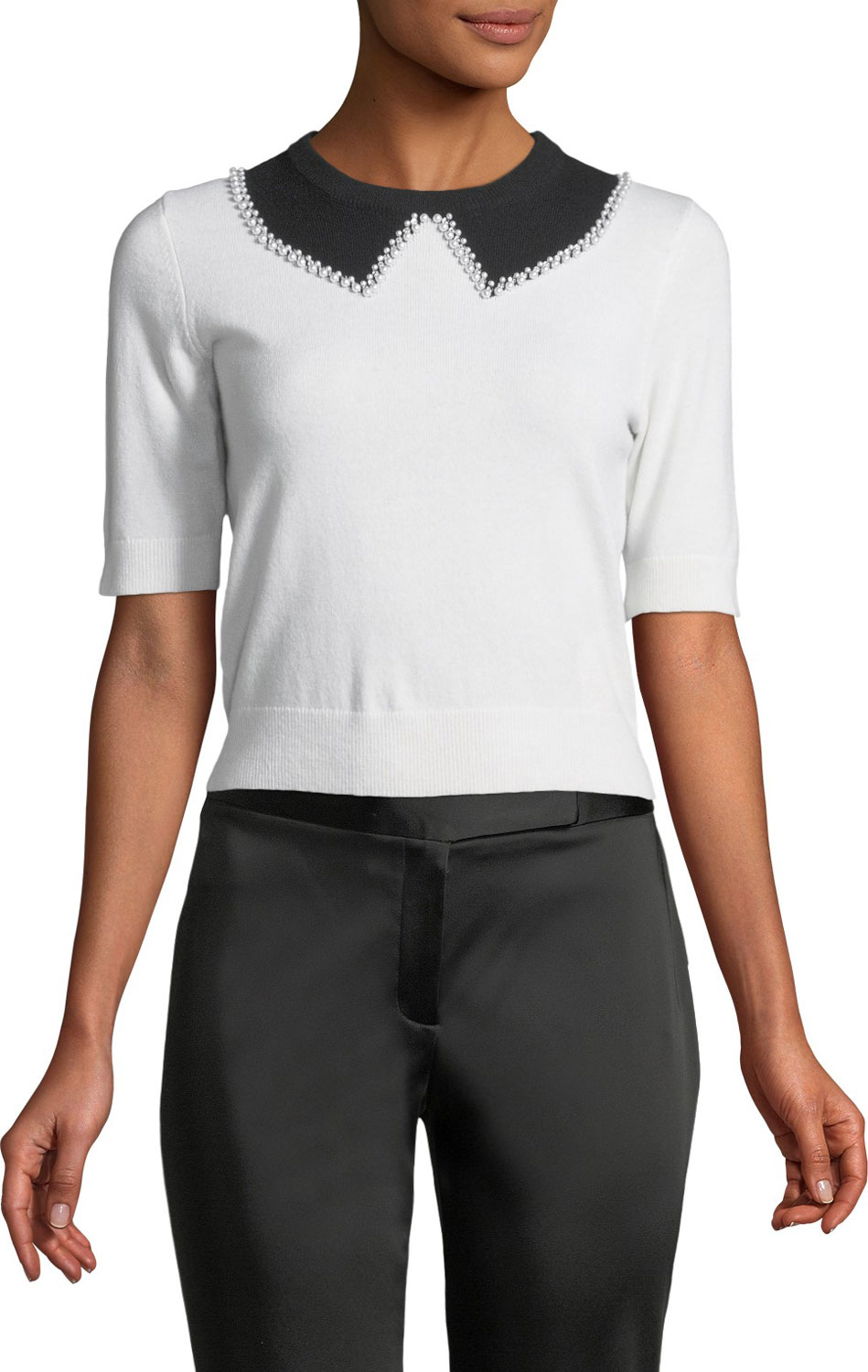 Michael Kors Collection Elbow-Sleeve Faux-Collar Cashmere Sweater with Pearlescent Trim