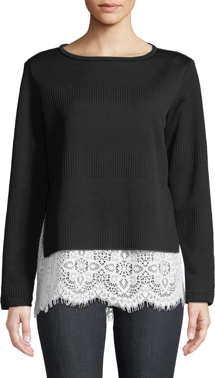 Finley Wendy Round-Neck Long-Sleeve Rib-Knit Sweater w/ Lace Hem