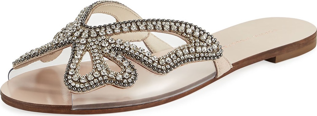 Sophia Webster Madame Crystal Butterfly Flat Slide Sandals, Nude