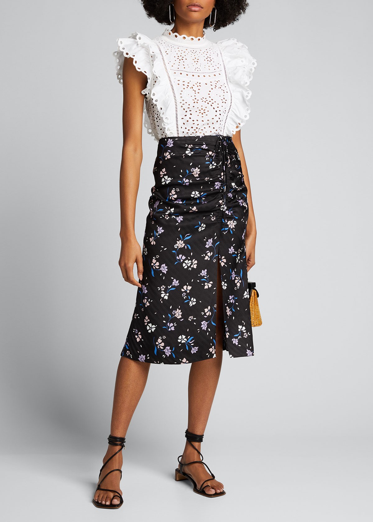 Veronica Beard Vanity Floral-Print Ruched Skirt