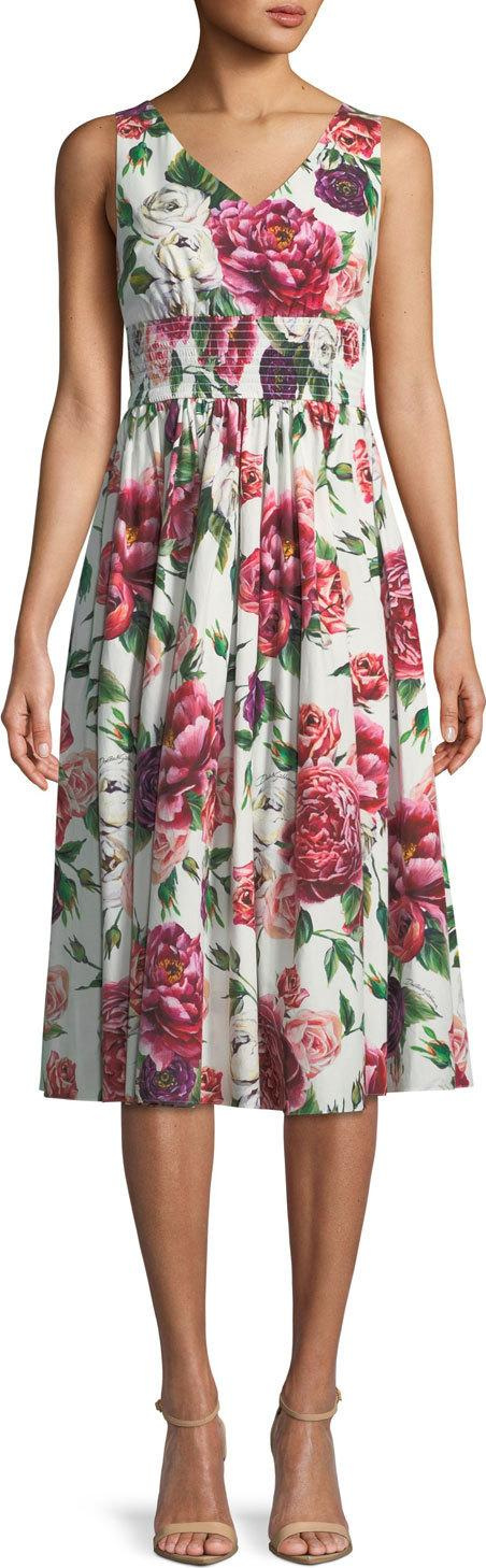 Dolce & Gabbana Sleeveless V-Neck Smocked-Waist Rose-Print Cotton Poplin Dress