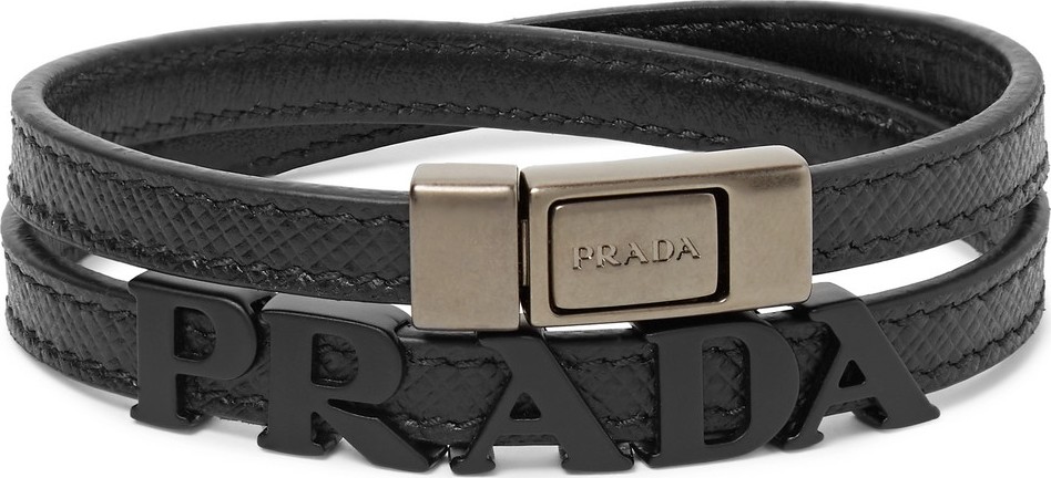 Prada Logo-Detailed Saffiano Leather and Metal Wrap Bracelet