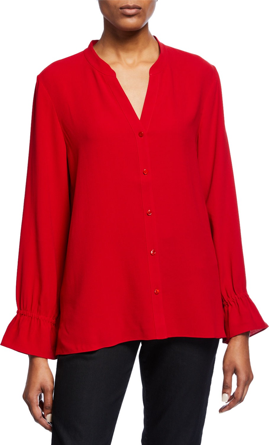 Eileen Fisher Mandarin Collar Flutter-Sleeve Silk Crepe Blouse
