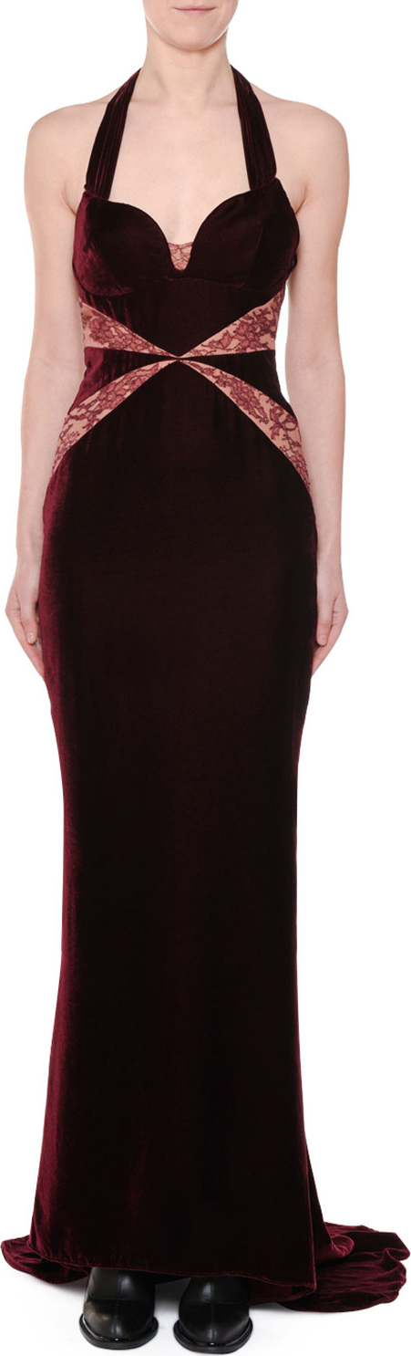 Stella McCartney Sweetheart-Neck Lace-Inset Velvet Evening Gown