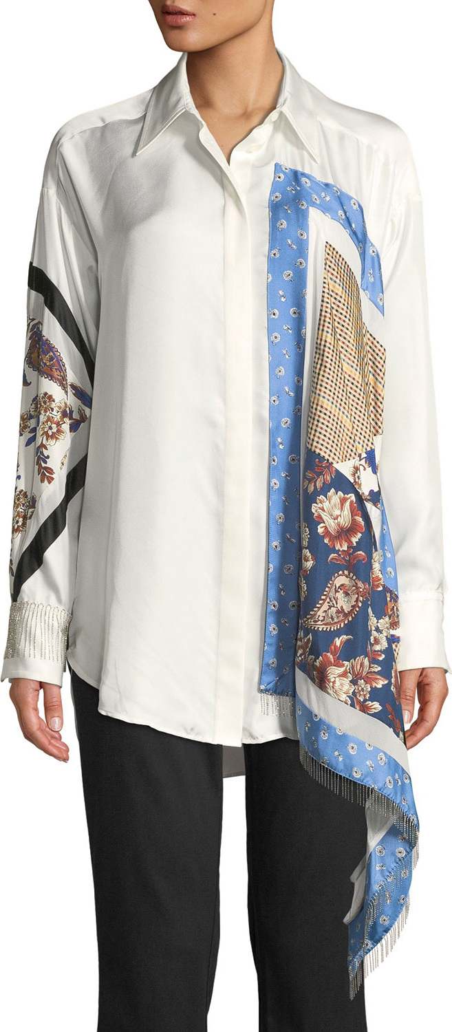 3.1 Phillip Lim Long-Sleeve Patchwork Button-Down Top with Fringe 3.1 Phillip Lim Long-Sleeve Patchwork Button-Down Top with Fringe