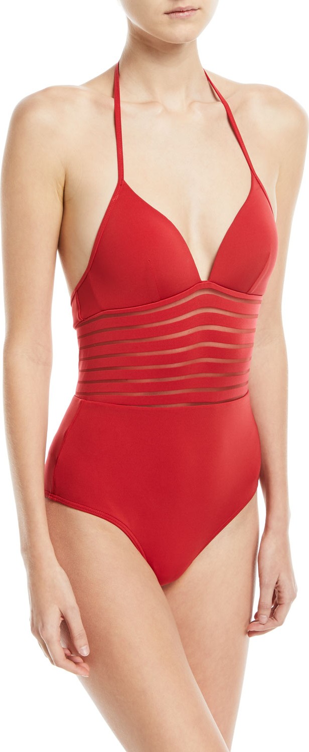 JETS by Jessika Allen Parallels Striped-Mesh Solid One-Piece Swimsuit