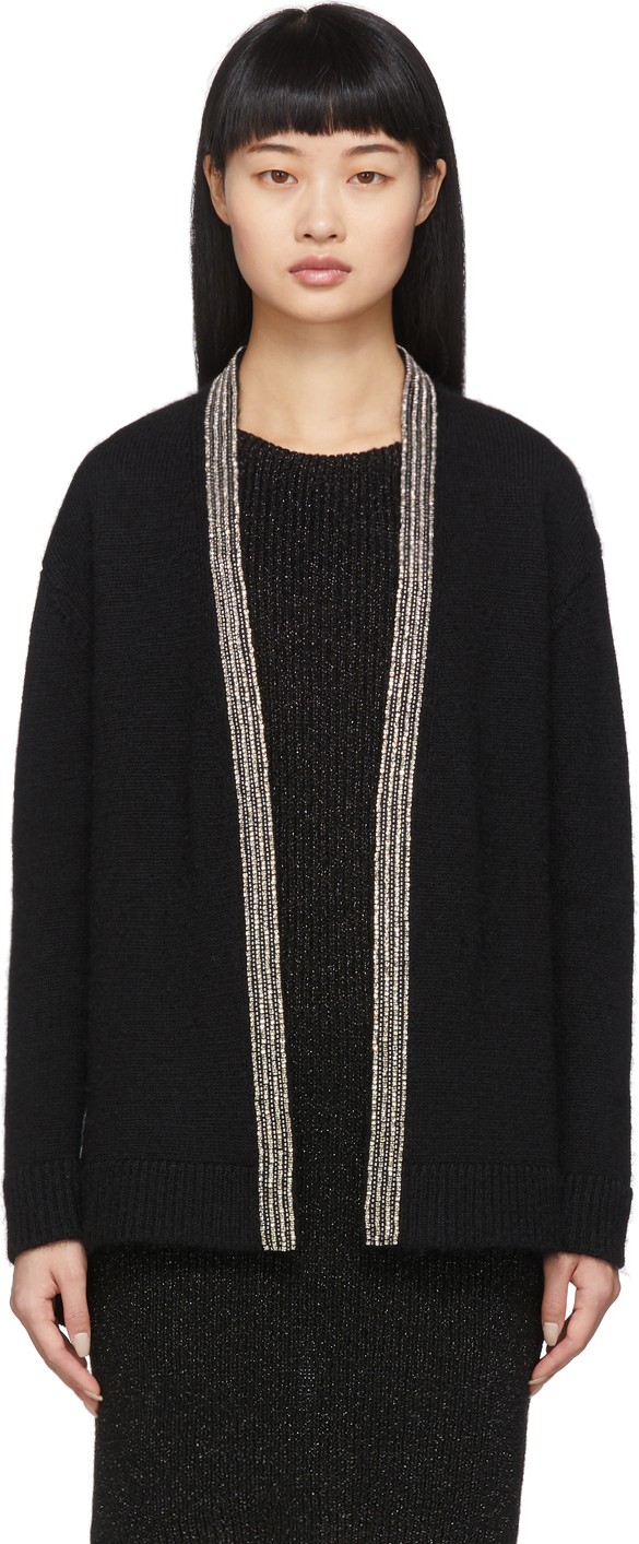 Saint Laurent Black Oversized Wool Embroidered Cardigan