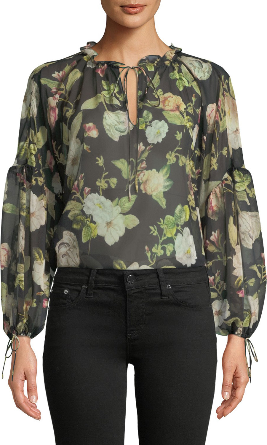 Alice + Olivia Julius Floral Silk Blouson-Sleeve Tunic Top