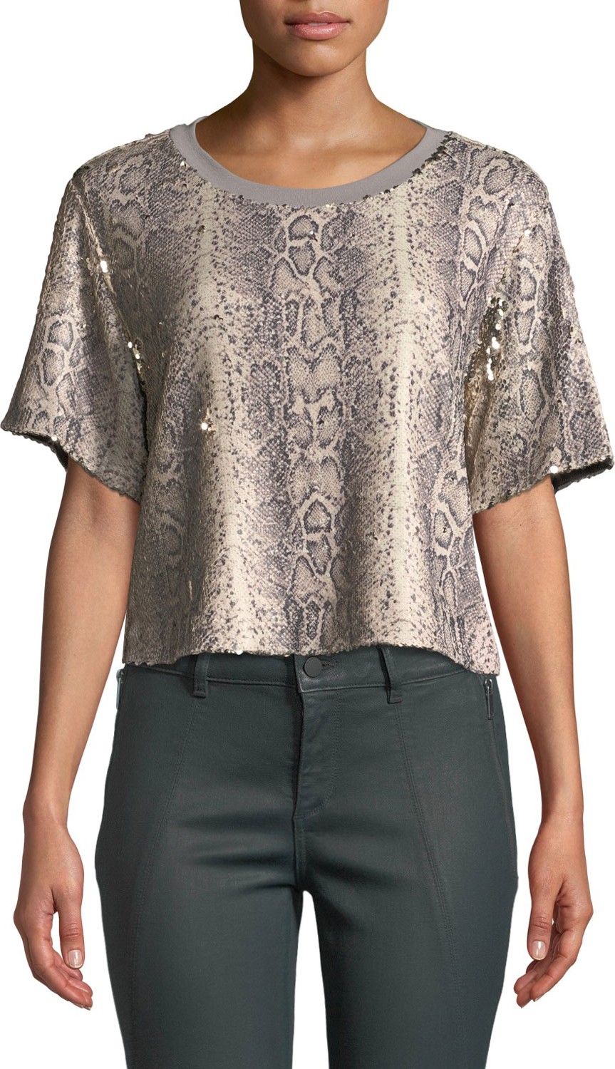 Ramy Brook Alexi Sequined Snake-Print Cropped Tee