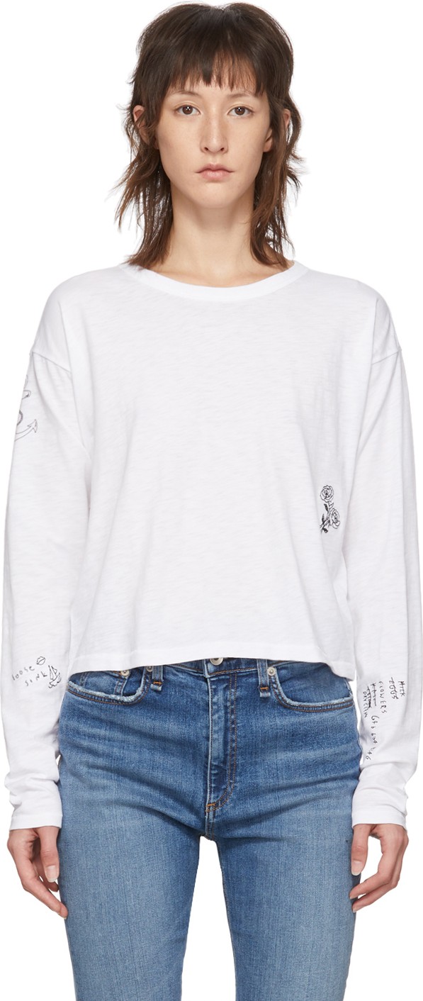 Rag & Bone White Cropped Tattoo Embroidered Long Sleeve T-Shirt