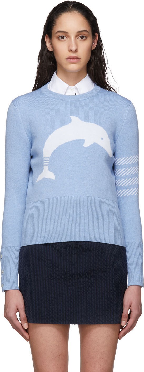 Thom Browne Blue Dolphin Icon 4-Bar Crewneck Sweater