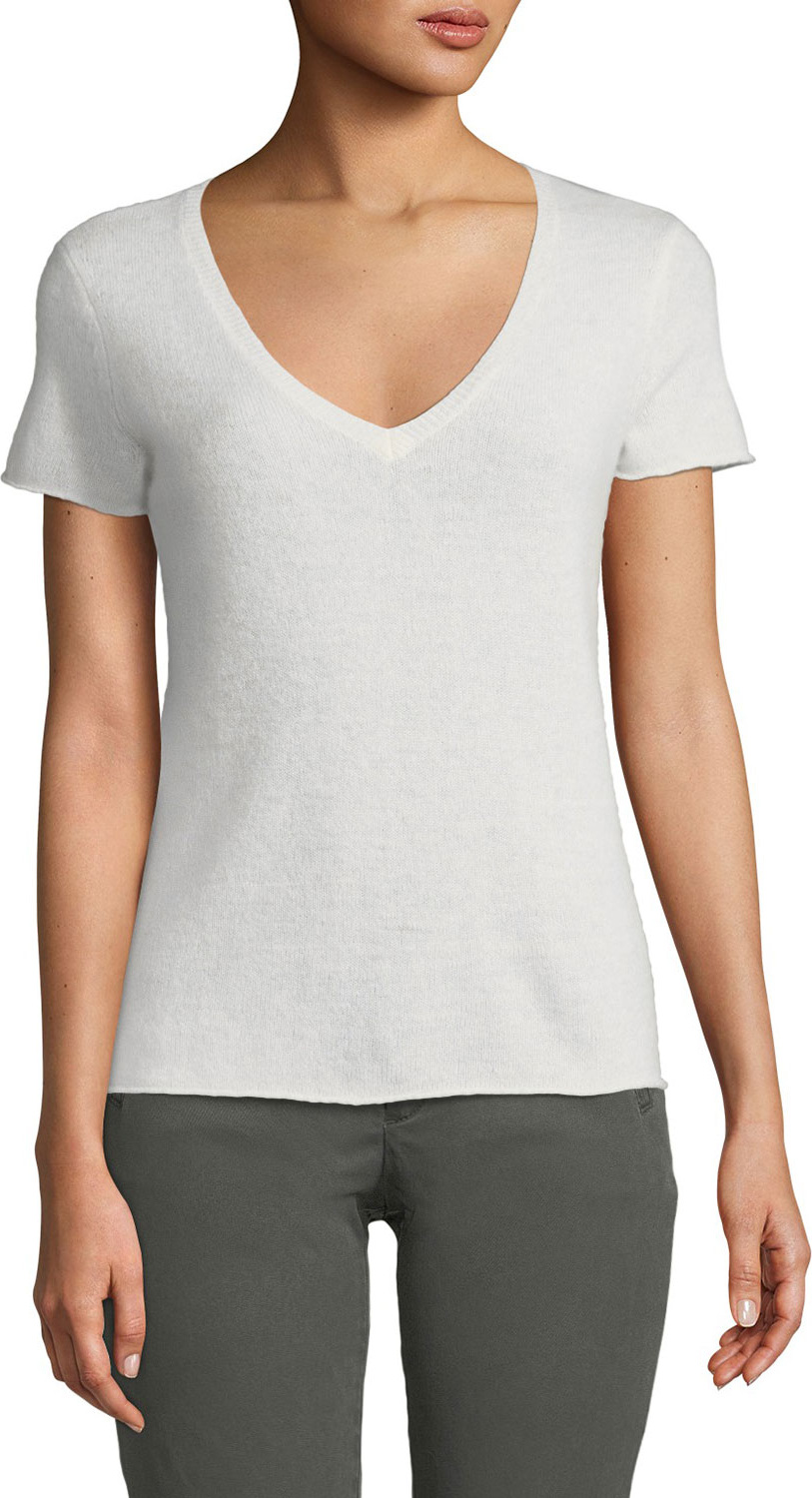 ATM Anthony Thomas Melillo Cashmere V-Neck Short-Sleeve Sweater Top