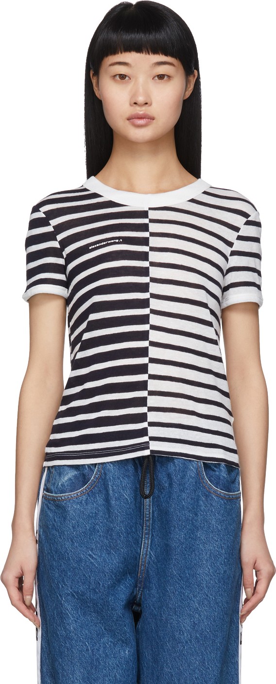 Alexanderwang.T Navy & White Striped Slub Shrunken T-Shirt