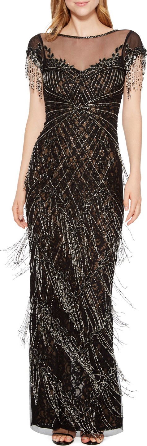 Parker Braxton Illusion & Bead Fringe Gown