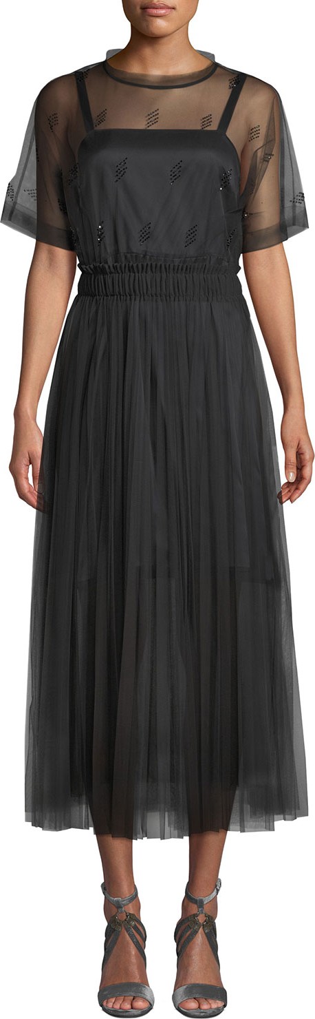 Brunello Cucinelli Short-Sleeve Pleated Crystal-Embellished Lace Illusion Dress