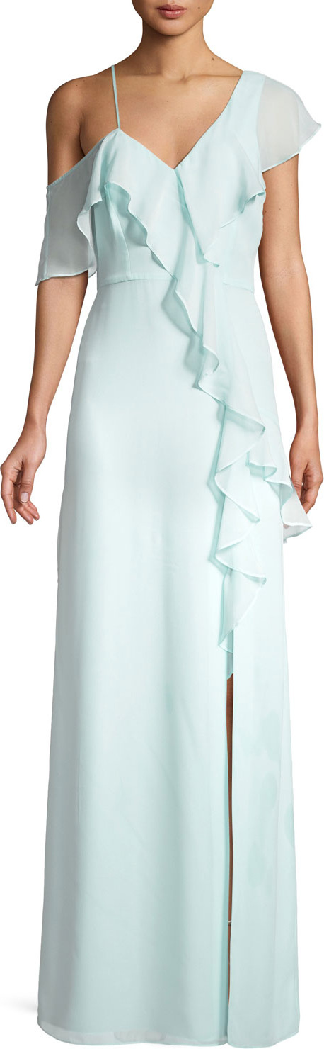 Parker V-Neck Annie Gown w/ Asymmetric Ruffles