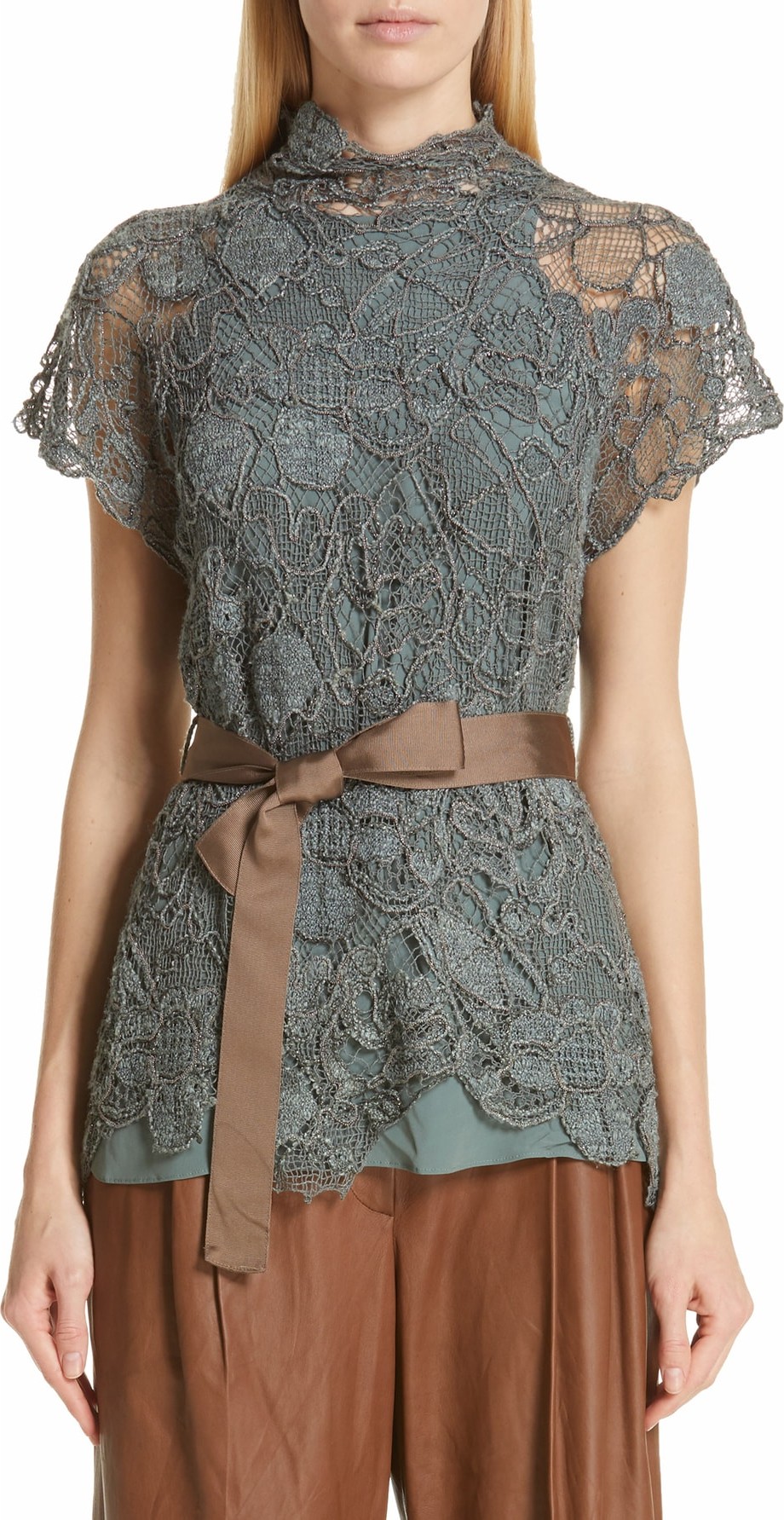 Brunello Cucinelli Monili Trim Knit Floral Lace Top