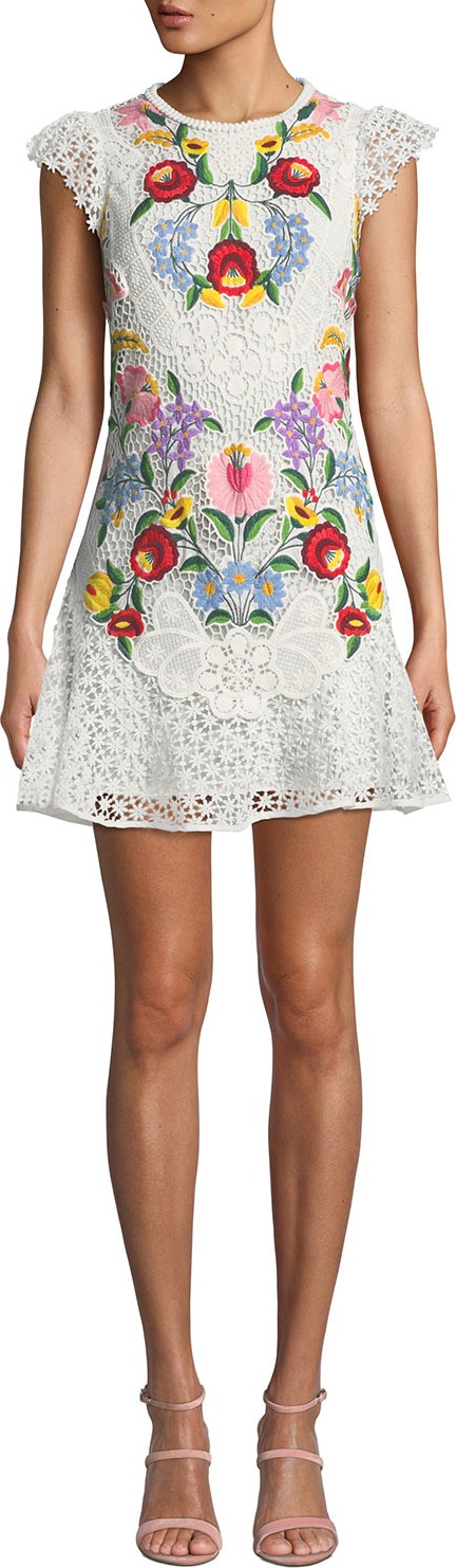 Saylor Cap-Sleeve Floral Embroidered Lace Mini Dress