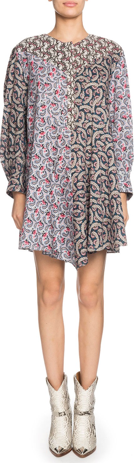 Isabel Marant Etoile Lissande Crewneck Long-Sleeve Mixed-Print Mini Dress
