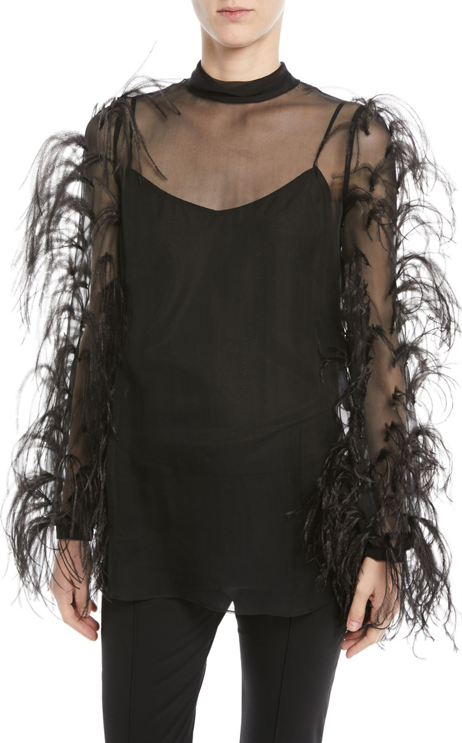Valentino Ostrich-Feather Long-Sleeve Silk Chiffon Blouse