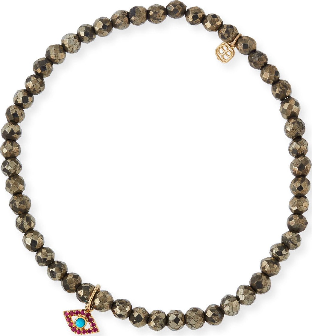 Sydney Evan Champagne Pyrite Beaded Bracelet with Ruby & Turquoise Evil Eye Charm