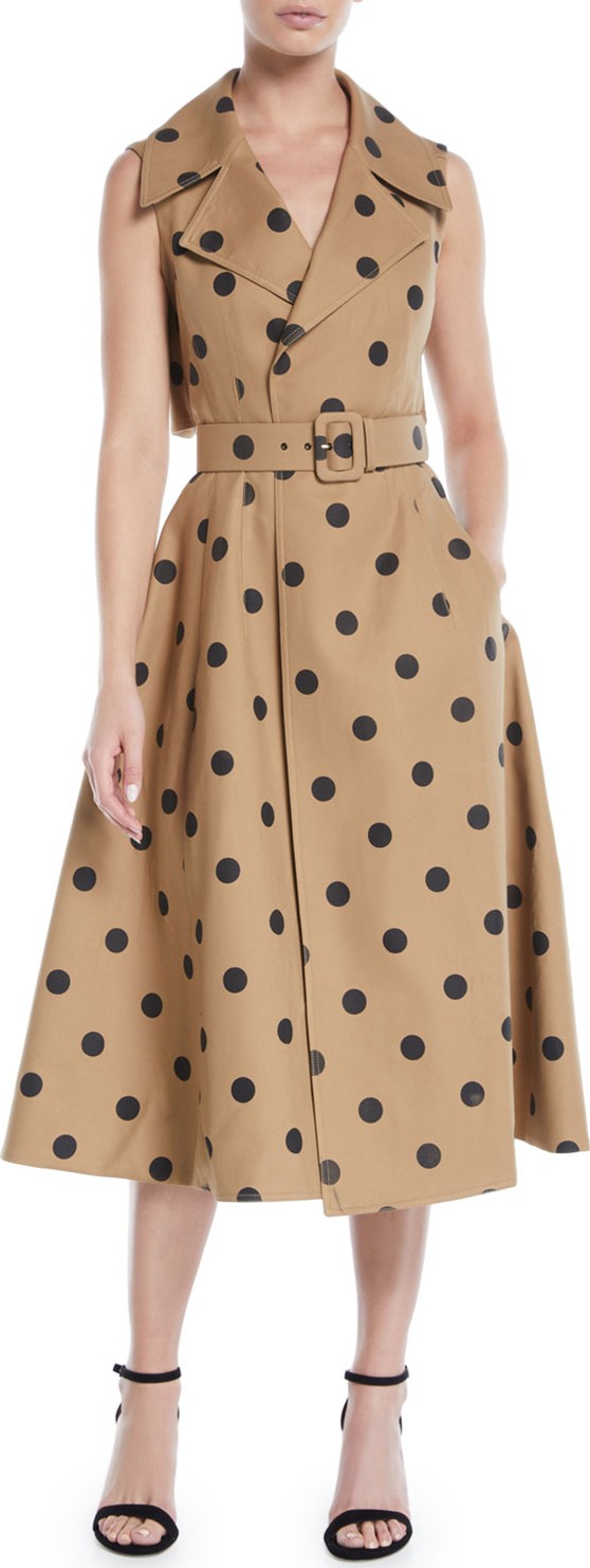 Oscar De La Renta Sleeveless Polka-Dot Twill Tea-Length Dress w/ Wide Belt
