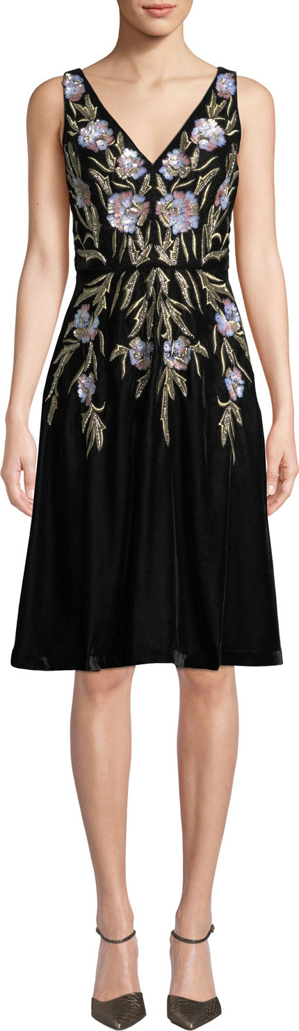 Aidan Mattox V-Neck 3D Floral Embroidered Velvet Dress w/ Pockets
