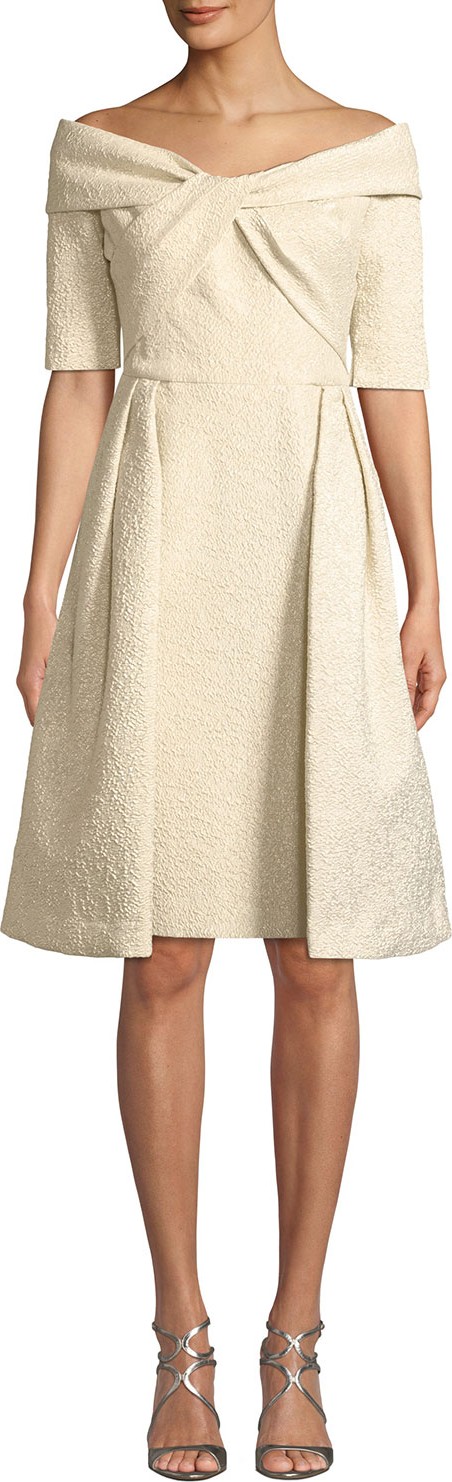 Rickie Freeman for Teri Jon Off-the-Shoulder Elbow-Sleeve Fit-and-Flare Cloque Dress