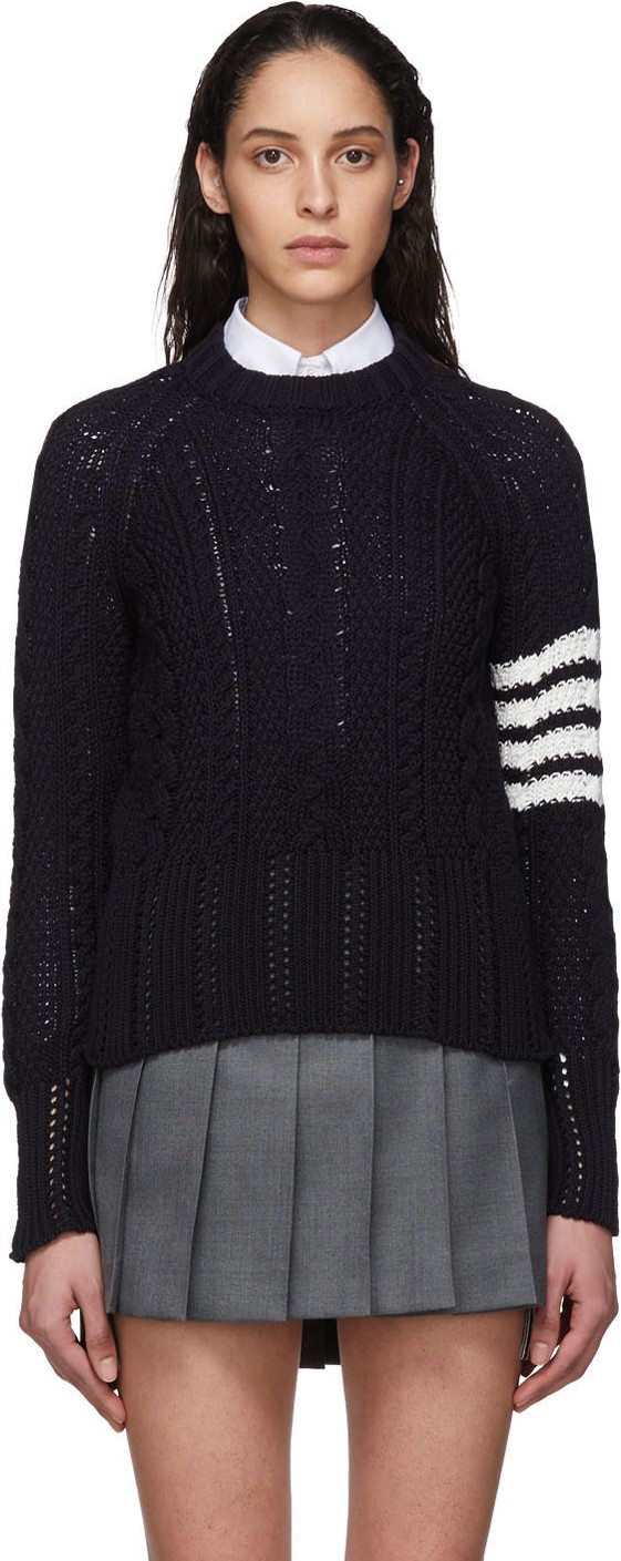 Thom Browne Navy Aran Cable 4-Bar Sweater